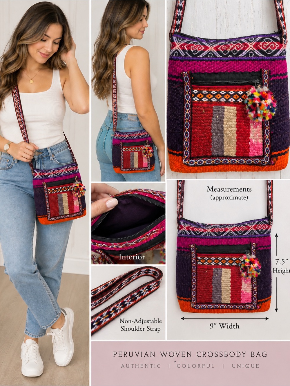 Peruvian Woven Crossbody Bag Colorful Boho Andean Pom Pom Festival Handmade